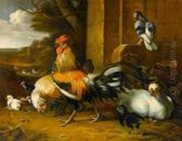 Fowl, 
With Cockerel, 
Hen, 
Chicks, 
A Duck And A Dove Before A Landscape Oil Painting by Melchior de Hondecoeter
