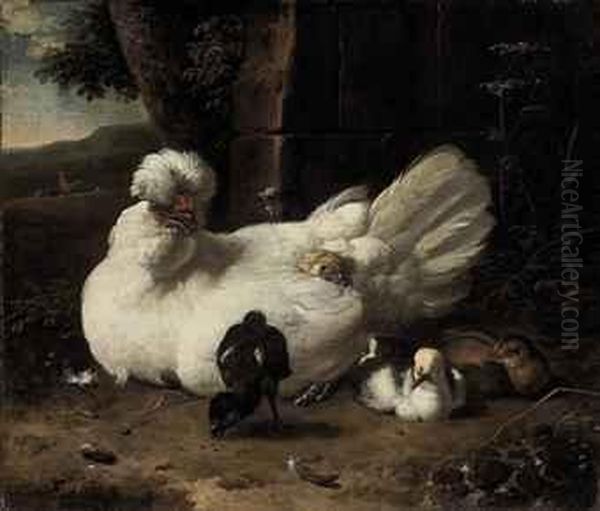 A Hen With Chicks In A Landscape Oil Painting by Melchior de Hondecoeter