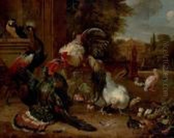 A Cockerel And A Turkey 
Fighting, Hens, A Parrot, A Peacock, Amuscovy Duck, A Pelican And Other 
Birds In A Garden, A Pond With Aswan And A Flamingo, A Fountain And A 
Palladian House Beyond Oil Painting by Melchior de Hondecoeter