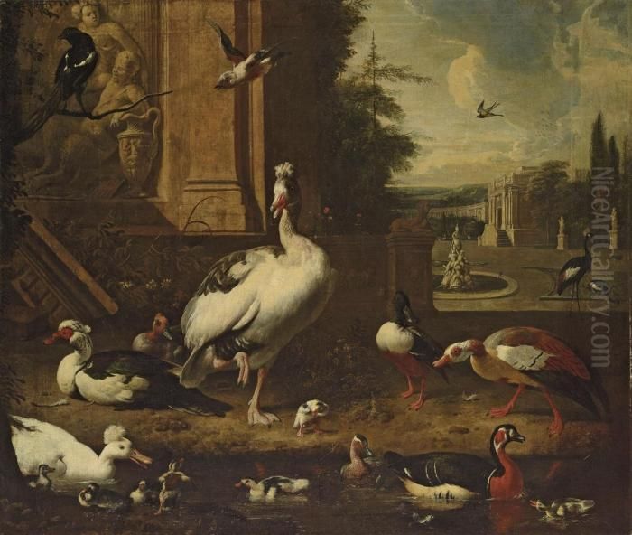 Geese, Ducks, A Magpie And Other
 Birds At A Pond, An Architectural Capriccio Landscape Beyond Oil Painting by Melchior de Hondecoeter