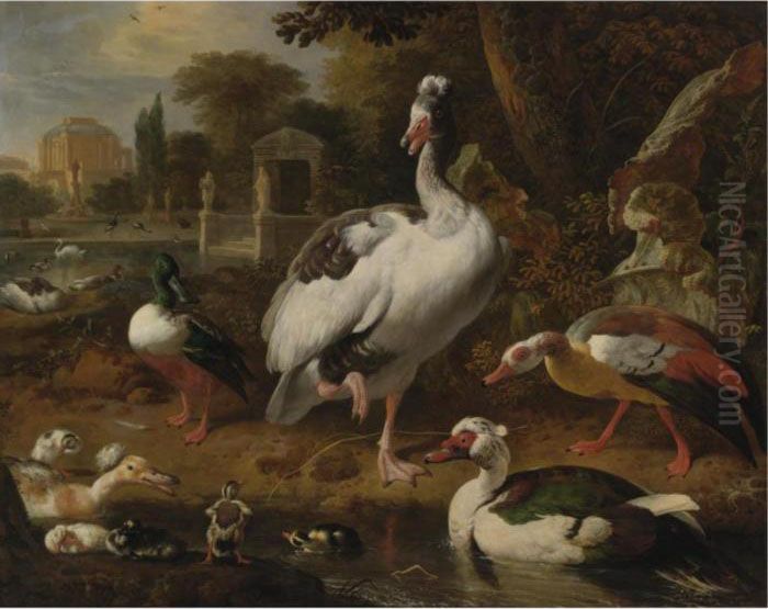 A Shoveler, A Grey And White 
Crested Goose, An Egyptian Goose, A Muscovy Duck And Other Waterfowl In A
 Park Oil Painting by Melchior de Hondecoeter