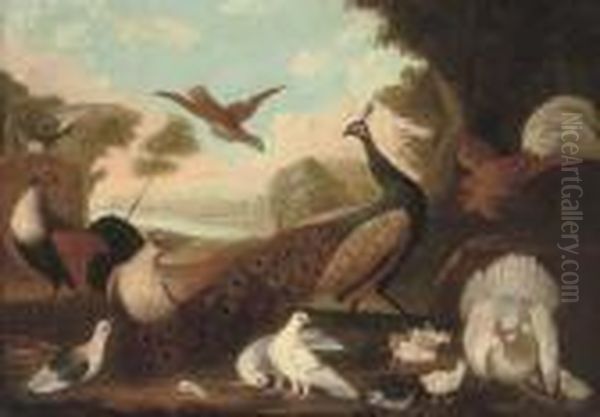 A Peacock, A Cockeral, A Hen And
 Her Chicks, A Grouse And Other Foul In A Wooded River Landscape Oil Painting by Melchior de Hondecoeter
