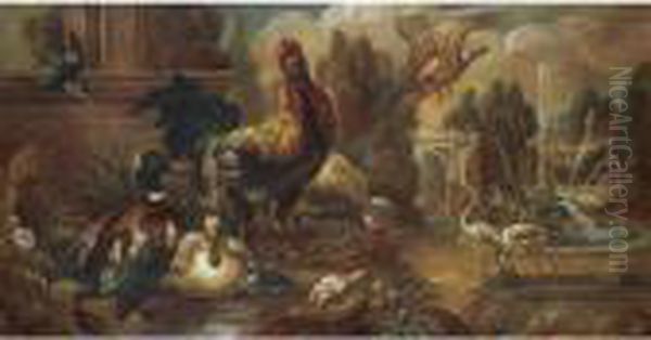 Still Life With A Mallord Drake,
 Chickens, Flammingoes, A Cock Pheasant And A Kingfisher In A Parkland 
Setting Oil Painting by Melchior de Hondecoeter