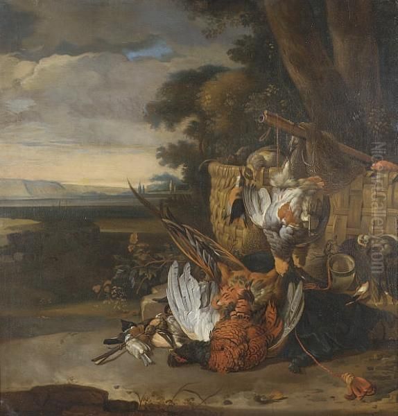 A Hunt Still Life With A Dead 
Pheasant, Grouse, Songbirds, Kingfisher And Other Birds, With A Horn, 
Basket, Net And Musket, Before A Tree, A View To An Extensive Landcsape 
Beyond Oil Painting by Melchior de Hondecoeter