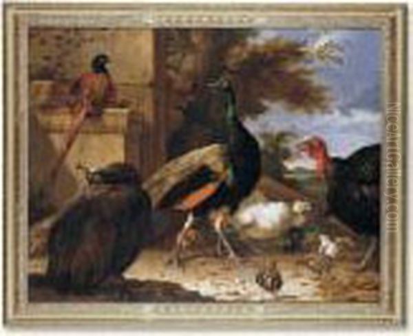A Peacock, A Pea-hen, A 
Pheasant, A Turkey, A Cockerel And Chicks By A Wall, A Landscape Beyond Oil Painting by Melchior de Hondecoeter