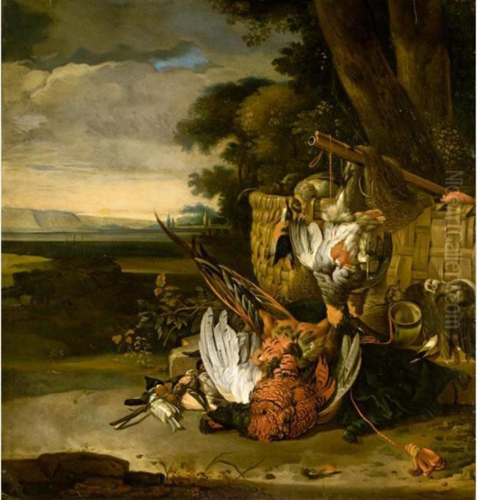 Still Life With A Pheasant, 
Partridges, A Kingfisher, And Songbirds Together With A Basket, A 
Hunting Horn, A Musket, Nets And A Cushion, In A Landscape Oil Painting by Melchior de Hondecoeter