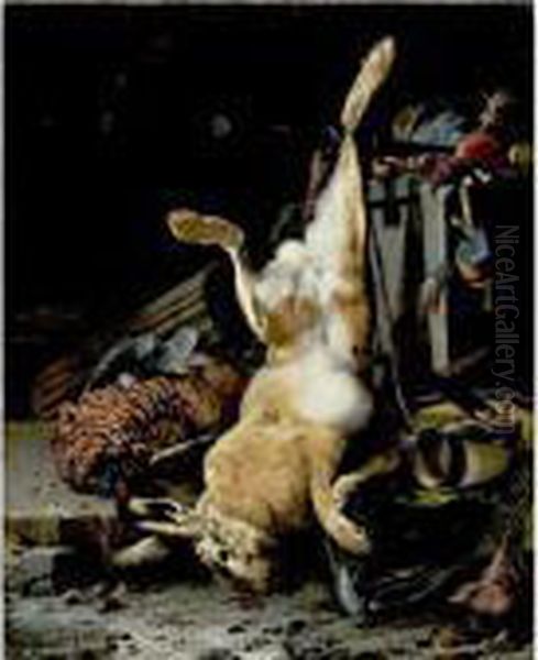 A Game Still Life With A Hung 
Hare, A Pheasant, A Horn, A Musket Barrel And Other Objects In A 
Classical Niche Oil Painting by Melchior de Hondecoeter