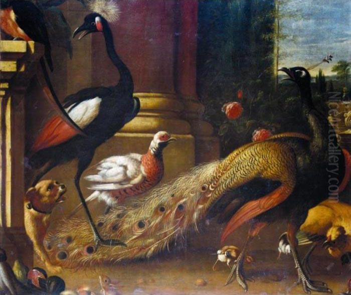 A Peacock And Crane, A Pheasant, A Chicken And Chicks, A Squirrel
 And A Dog In A Park Setting Oil Painting by Melchior de Hondecoeter