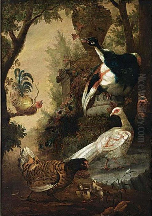 Peacocks And Other Birds In A Park Landscape Oil Painting by Melchior de Hondecoeter