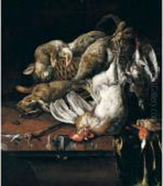 Still Life Of Rabbits On A 
Wicker Basket, A Bantam Cockerel, Partridge, Kingfisher And A Songbird, 
Together With A Knife, Arranged Upon A Marble Table-top Draped With A 
Green Cloth Oil Painting by Melchior de Hondecoeter