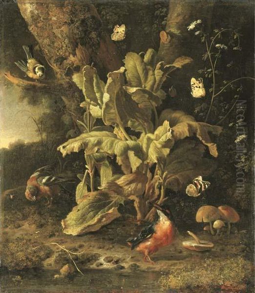 A Forest Floor Still Life With A
 Blue Tit, A Chaffinch, A Kingfisher, A Large Tortoiseshell Butterfly, A
 Painted Lady And A Red Admiral. Oil Painting by Melchior de Hondecoeter