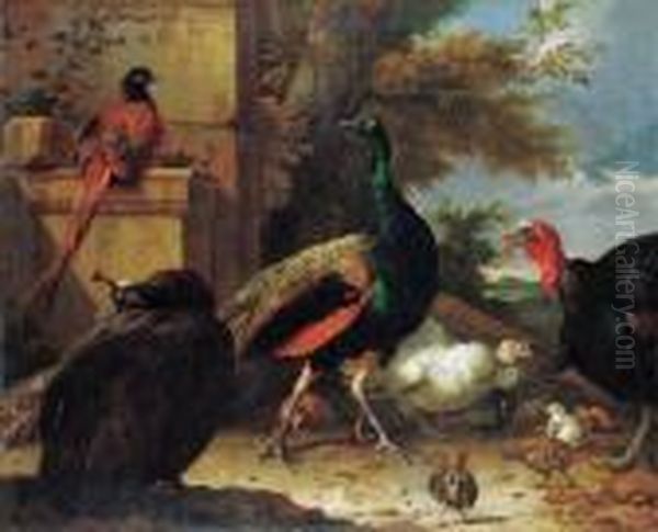 A Peacock, A Peahen, A Pheasant,
 A Turkey, A Cockerel And Chicks Bya Wall, A Landscape Beyond Oil Painting by Melchior de Hondecoeter