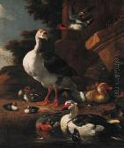 A Chinese Goose, An Egyptian 
Goose, A Muscovy Duck, A Wigeon Andteal With Other Waterfowl By A Pond 
Before A Pillar In A Park Oil Painting by Melchior de Hondecoeter