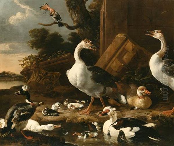 Chinese And Egyptian Geese, 
Muscovy Ducks, A Hoopoe, Barnyard Fowland Other Exotic Birds In A 
Landscape With Classical Ruins Oil Painting by Melchior de Hondecoeter