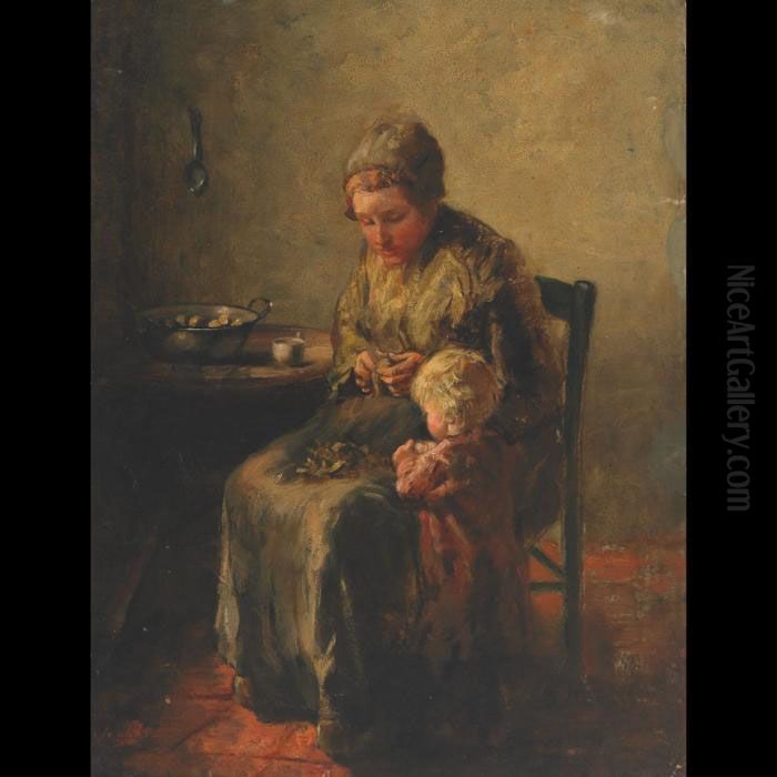 Interior With Mother And Child Oil Painting by Bernard Johann De Hoog