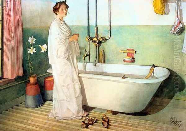 Lisbeth Prepares A Bath Oil Painting by Carl Larsson