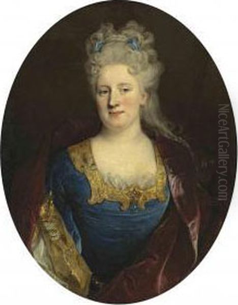 Portrait Of Madeleine Le Roux, 
Wife Of Manzeray De Courvaudon,half-length, In A Blue Dress With Gold 
Trim, Ribbons In Herhair Oil Painting by Nicolas de Largillierre