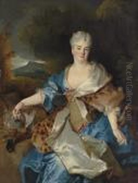 Portrait Of A Lady As Diana The 
Huntress, Three-quarter-length, Seated, In A Blue Dress With A Jewelled 
And Gold-embroidered Bodice And A Silk-lined Leopard-skin Mantle, With A
 Hound And A Brace Of Fowl, In A Landscape Oil Painting by Nicolas de Largillierre