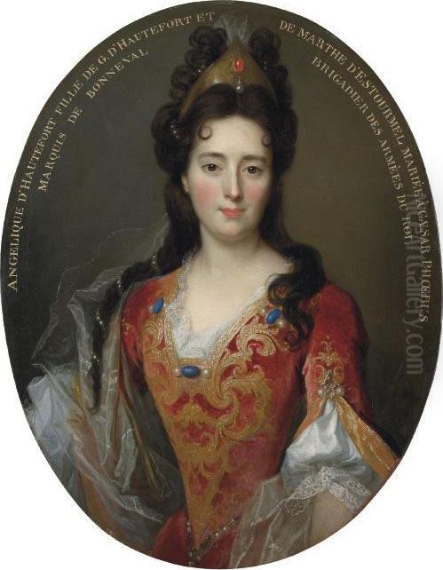 Portrait Of Angelique 
D'hautefort, Half-length, In A Red And Gold Embroidered Bodice And Skirt Oil Painting by Nicolas de Largillierre
