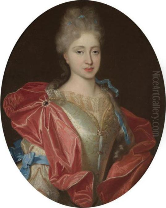 Portrait Of A Lady, Half Length,
 In A White Embroidered Silk Dress With Blue Ribbons And A Red Silk Wrap Oil Painting by Nicolas de Largillierre