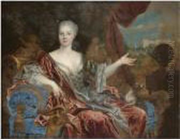 Portrait Of A Lady, 
Three-quarter Length, Wearing A Blue Silk Dress With Lace Trim And A Red
 Shawl, Seated On A Blue Chaise Longue Oil Painting by Nicolas de Largillierre