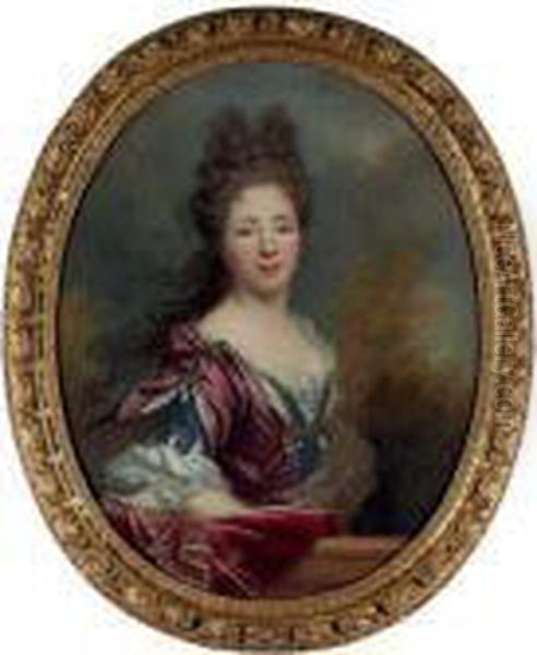 Portrait Of 
Marie-francoise-louise-therese Humbert, Wife Of Pierre Langlois, Maitre 
Des Comptes, Half-length, In A Blue And Violet Dress And Crimson Shawl, 
Behind A Parapet Oil Painting by Nicolas de Largillierre