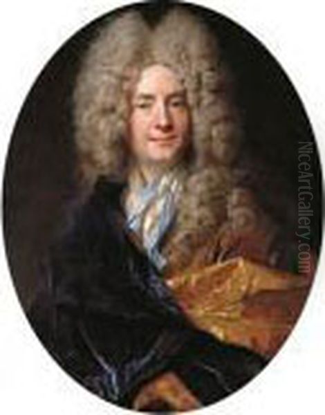 Portrait Of A Gentleman, 
Half-length, In A Blue Velvet Mantle With Gold Lining And A White Shirt 
With A Lace Collar Oil Painting by Nicolas de Largillierre