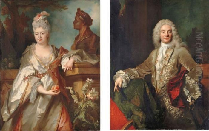 Portrait Of Pierre-joseph Titon 
De Cogny, Three-quarter-length, In A Brown Velvet Jacket Trimmed With 
Silvered Embroidery And A Waistcoat With Silver And Red Brocade; And 
Portrait Of Jeanne-cecile De Cogny, Nee Jeanne-cecile Le Guay De 
Montgermon, Oil Painting by Nicolas de Largillierre