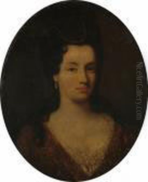 Portrait Of A Lady Bust Length, 
Wearing A Russet Dress Embroidered With Gold, With Jewels In Her Hair Oil Painting by Nicolas de Largillierre