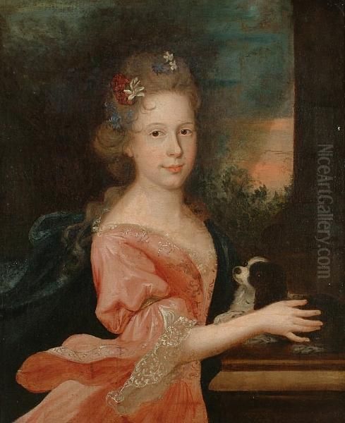 Portrait Of A Young Girl, 
Half-length, In A Pink Dress With A Blue Wrap And Flowers In Her Hair, 
Stroking A Dog Oil Painting by Nicolas de Largillierre