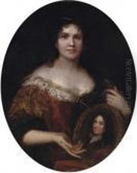 Portrait Of A Lady, Half-length,
 In A Red And Gold Dress With Whitelace Trim, Holding A Framed Portrait 
Of Her Husband Oil Painting by Nicolas de Largillierre