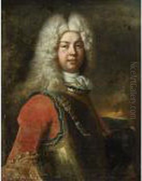 Portrait Of A Nobleman, Half 
Length, Wearing A Wig, A Red Coat With Gilt Embroidered Sleeves And A 
Cuirass Oil Painting by Nicolas de Largillierre