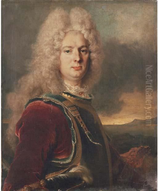 Portrait Of A Gentleman, 
Bust-length, In A Blue, Gold And Purplevelvet Coat, His Hat In His Right
 Hand, In A Landscape Oil Painting by Nicolas de Largillierre
