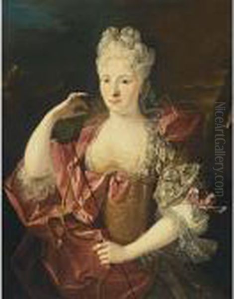 A Portrait Of A Lady As Diana, 
Half Length, Wearing A Pink Silk Dress With Lace Cuffs And An 
Embroidered Bodice, Holding A Bow In Her Left Hand Oil Painting by Nicolas de Largillierre