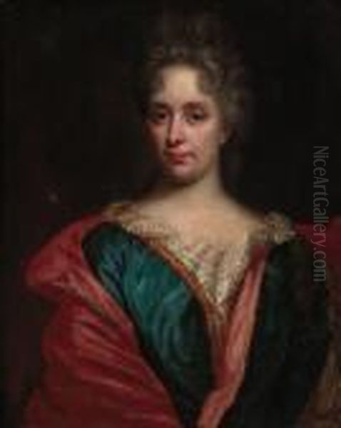 Portrait Of Jean-jacques De 
Rudder, Half-length In A Crimson Wrapand A Lace Jabot; And Portrait Of 
Marie De Rudder, Nee Deryckewaert, Half-length, In A Blue Dress With A 
Crimson Wrap Oil Painting by Nicolas de Largillierre