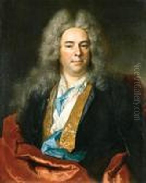 Portrait Of Jacques Vincent, 
Sieur De Bassablons, Conseillersecrtaire Du Roi, Half Length, Wearing A 
Blue Coat With A Goldembroidered Waistcoat And A Red Wrap Oil Painting by Nicolas de Largillierre