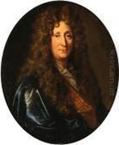 Portrait Of A Gentleman, Said To
 Be Counselor Broussel, Bustlength, Wearing A Blue Cloak And Gold 
Waistcoat Oil Painting by Nicolas de Largillierre