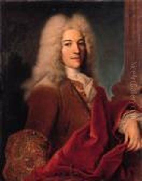 Portrait Of A Gentleman, 
Half-length, In A Brown Coat With A Redwrap And A Lace Jabot, By A 
Pillar Oil Painting by Nicolas de Largillierre