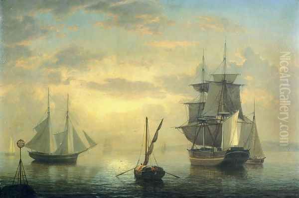 Ships in Harbor Oil Painting by Fitz Hugh Lane