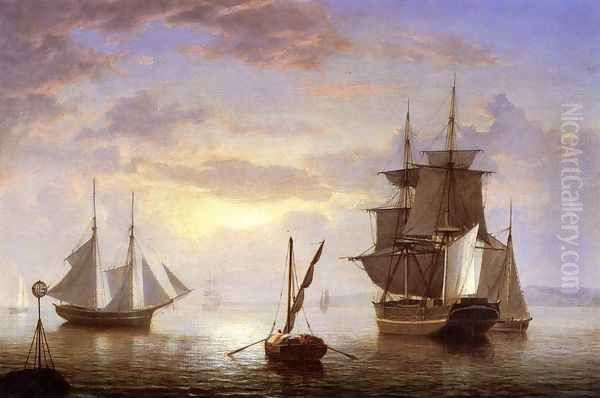 Ships in a Harbor, Sunrise Oil Painting by Fitz Hugh Lane