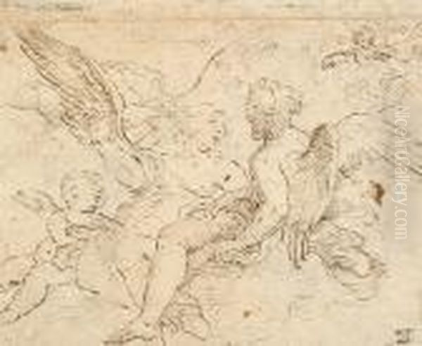 Recto: Study Of Angels And Putti
 On Clouds Verso:saint Attended By Putti Adoring The Name Of Jesus Oil Painting by Paolo di Matteis