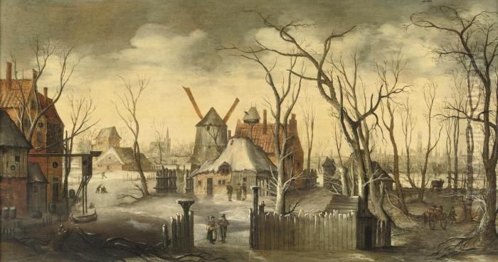 A Village In Winter With Figures
 At Their Daily Activities, A Viewof A Town, Said To Be Bruges, In The 
Background Oil Painting by Joos De Momper