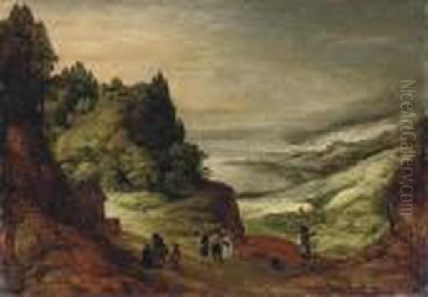 An Extensive Mountainous River 
Landscape With Figures Conversing On A Track, A Village Beyond Oil Painting by Joos De Momper