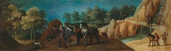 Paesaggio Roccioso Con Brigata Di Cacciatori Oil Painting by Joos De Momper