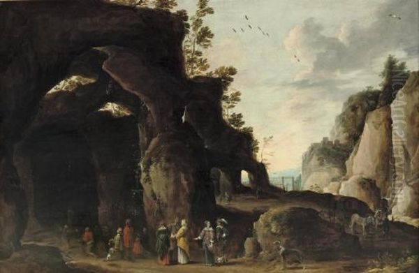 An Elegant Company Arriving At A
 Grotto Where A Religious Service Is Taking Place, A Rocky Landscape 
Beyond Oil Painting by Joos De Momper