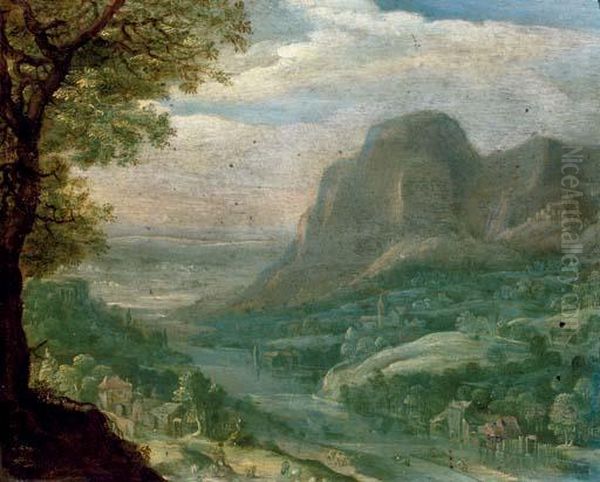 An Extensive, Mountainous River 
Landscape With A Herdsman Resting On A Path, Villages Beyond Oil Painting by Joos De Momper