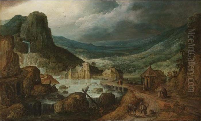 A Mountainous Landscape With A 
Wooden Bridge Crossing A River, And A Monk Feeding His Donkey Oil Painting by Joos De Momper
