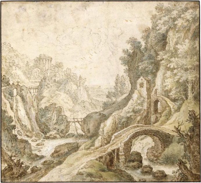 An Italianate River Landscape, 
With Rustic Stone Bridges In The Foreground, And A Temple In The 
Distance Oil Painting by Joos De Momper