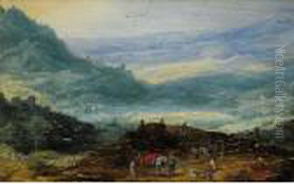 A Mountainous Landscape With A 
Group Of Travellers In The Foreground, A Lake And Town In The Distance Oil Painting by Joos De Momper