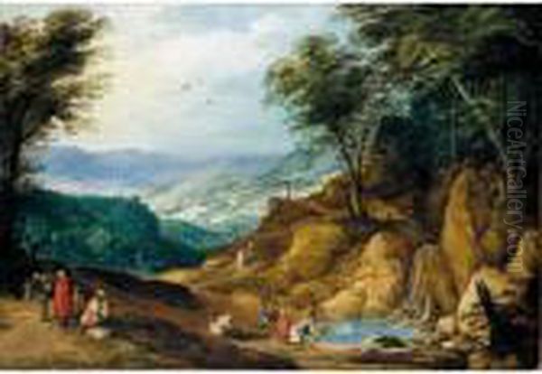 An Extensive Mountainous 
Landscape With Washerwomen And Other Figures Resting By A Waterfall Oil Painting by Joos De Momper